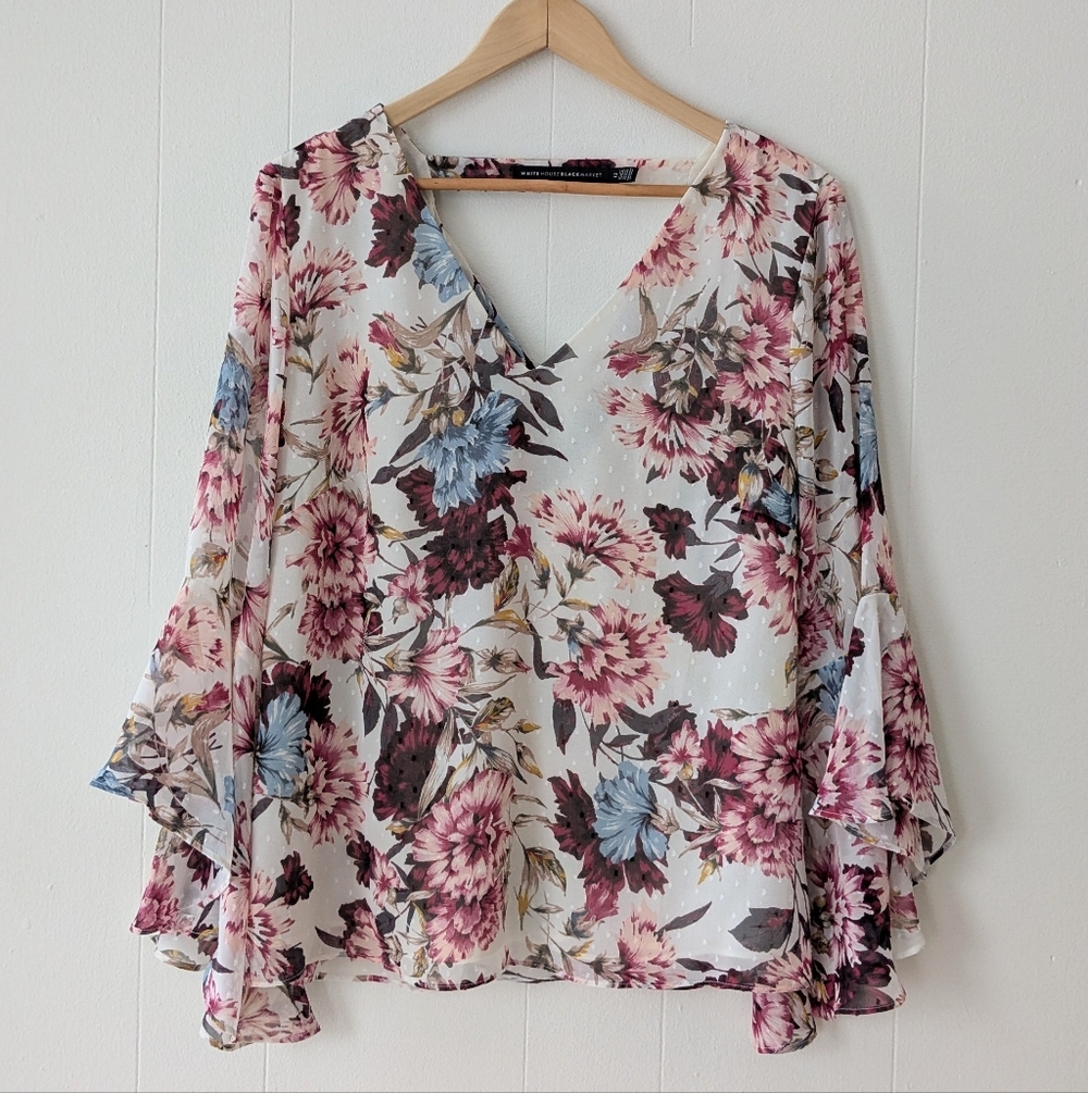 WHBM White House Black Market Floral Flare Sleeve Blouse 12 Back Drape